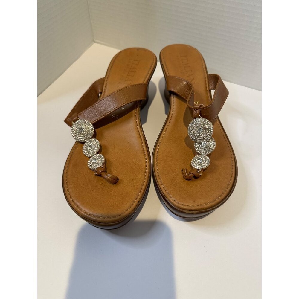 Italian Shoemakers Brown Leather Toe-Post Sandals with Crystal Discs